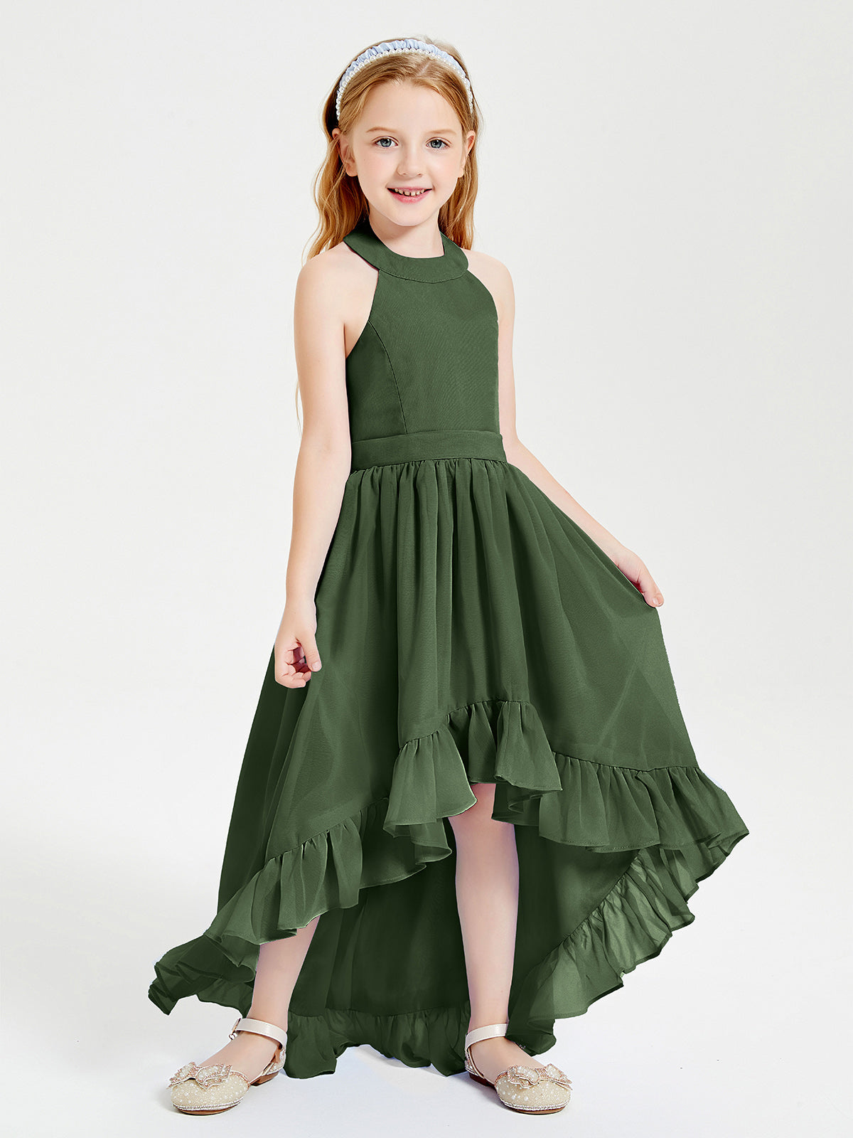Trendy Boho Junior Bridesmaid Dresses Asymmetrical Cascading Skirt Olive Green